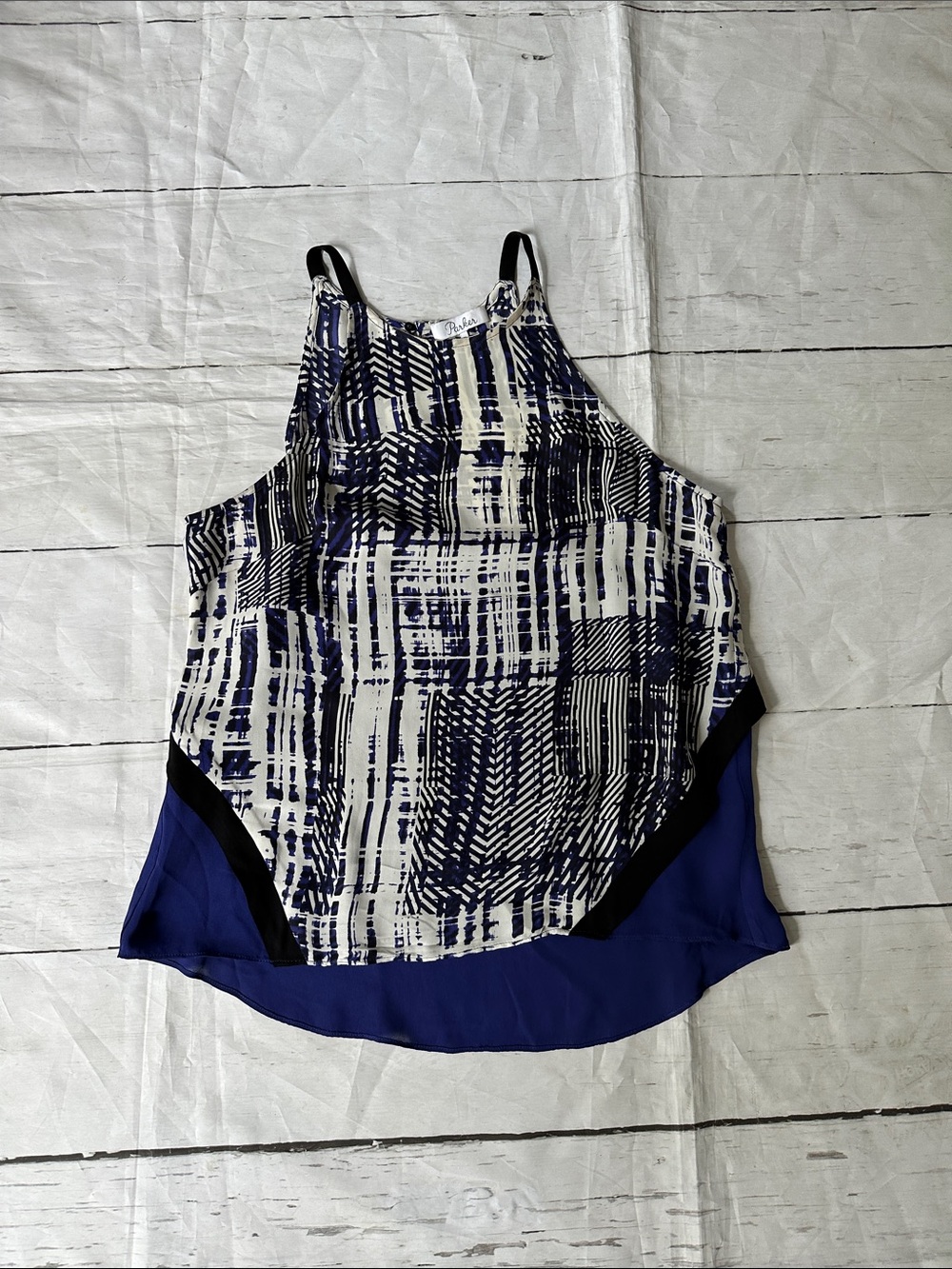 Parker Blue & White Abstract Halter Cami with Black Trim 100% silk